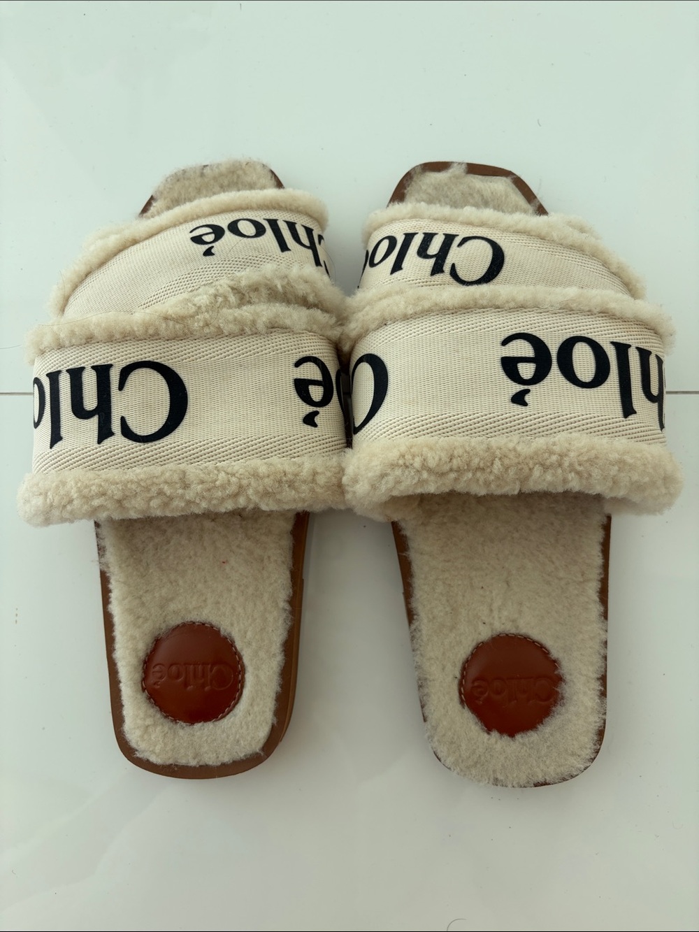 Chloe Cream Shearling Logo Slide Sandals